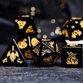 Obsidian Dice Set – Handcrafted Natural Black Gemstone RPG Dice with Gold Engraving for D&D, Pathfinder & Collectors